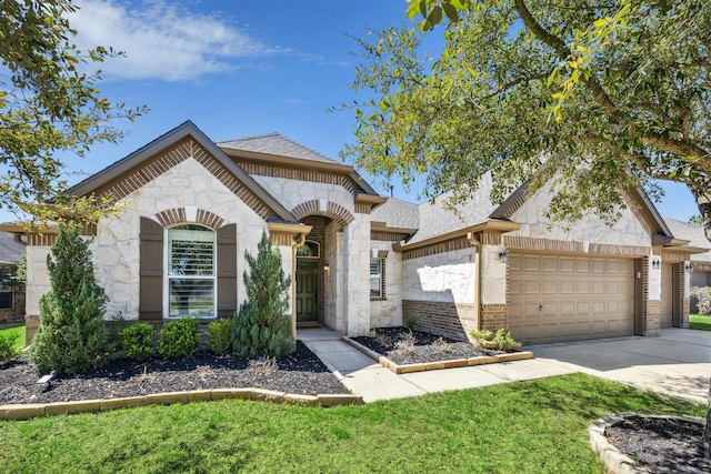 french provincial home featuring stone siding, roof with shingles, concrete driveway, an attached garage, and brick siding