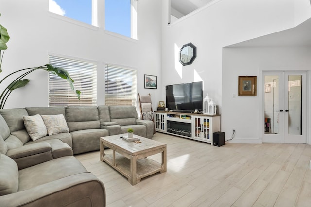 living area featuring french doors and wood finished floors