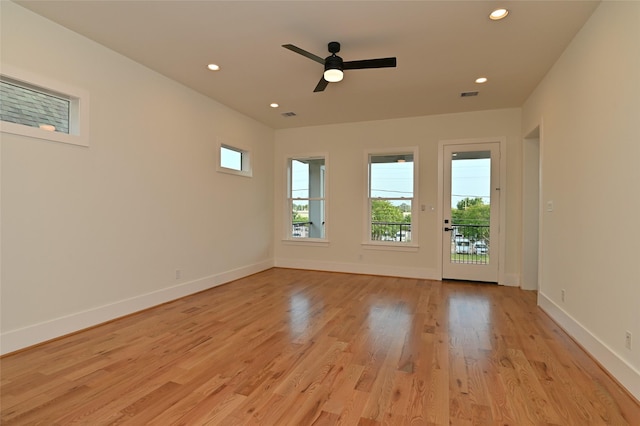 unfurnished room featuring visible vents, baseboards, light wood-type flooring, recessed lighting, and a ceiling fan