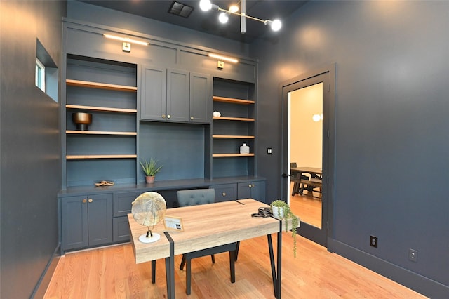 office area featuring visible vents, baseboards, and light wood-style floors