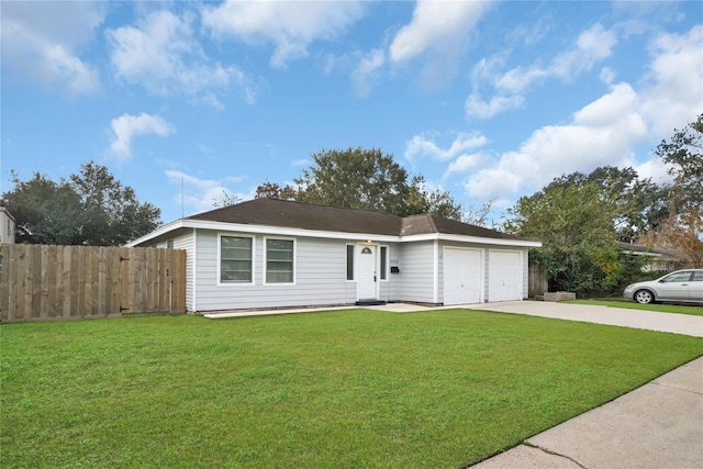 single story home featuring an attached garage, concrete driveway, a front lawn, and fence