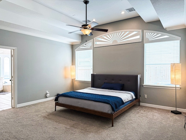 carpeted bedroom featuring recessed lighting, visible vents, baseboards, and ceiling fan