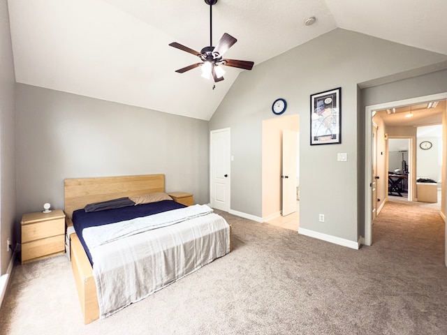 bedroom featuring baseboards, high vaulted ceiling, ceiling fan, and carpet flooring