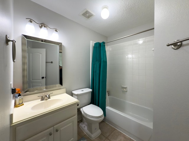 bathroom with visible vents, shower / bath combo, a textured ceiling, tile patterned floors, and toilet