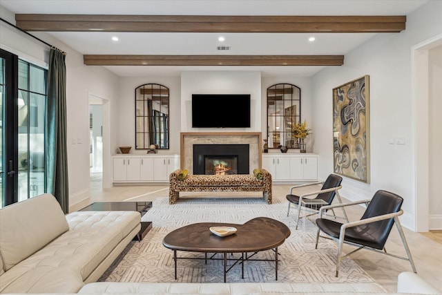 living room with baseboards, visible vents, recessed lighting, a lit fireplace, and beamed ceiling