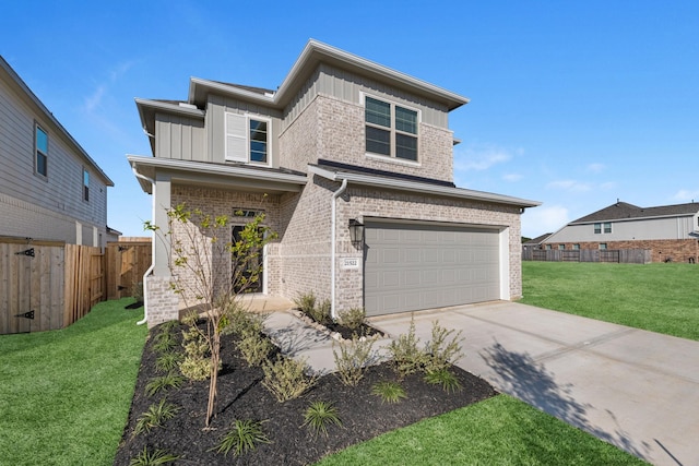 view of front of house featuring fence, board and batten siding, concrete driveway, a front yard, and brick siding