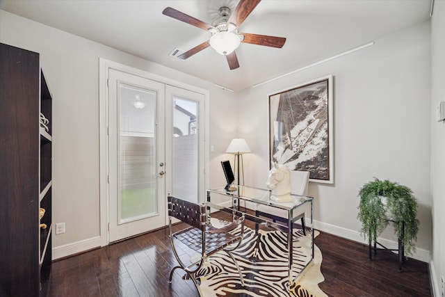 office with hardwood / wood-style floors, french doors, baseboards, and ceiling fan