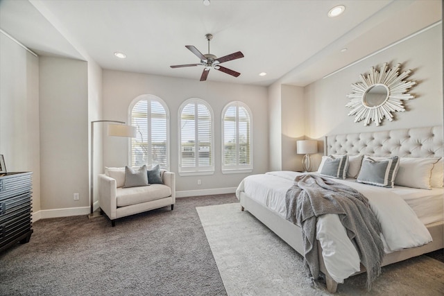 carpeted bedroom with recessed lighting, baseboards, and ceiling fan