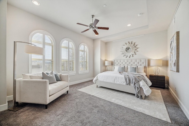 bedroom with recessed lighting, baseboards, carpet floors, and ceiling fan