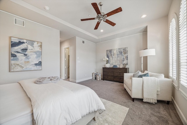 carpeted bedroom featuring visible vents, recessed lighting, baseboards, and ceiling fan