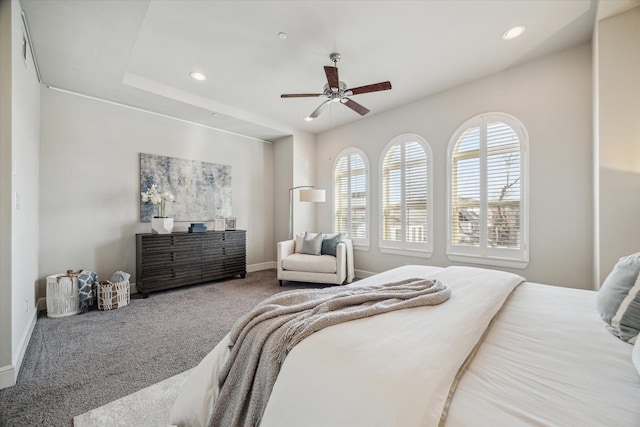 bedroom featuring recessed lighting, baseboards, ceiling fan, and carpet flooring