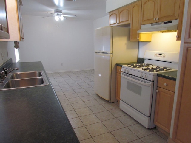 kitchen featuring dark countertops, under cabinet range hood, white appliances, a ceiling fan, and a sink