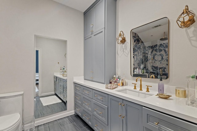 full bath with a shower, visible vents, toilet, and vanity