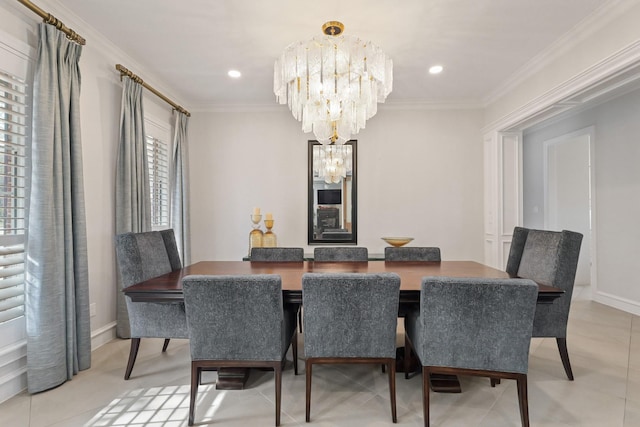 dining space featuring a chandelier, recessed lighting, and ornamental molding