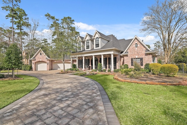 view of front of house featuring brick siding, a porch, decorative driveway, and a front lawn