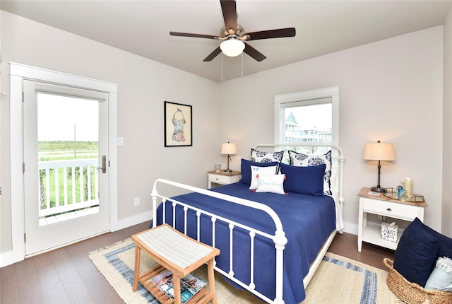 bedroom featuring wood finished floors, baseboards, multiple windows, and access to exterior