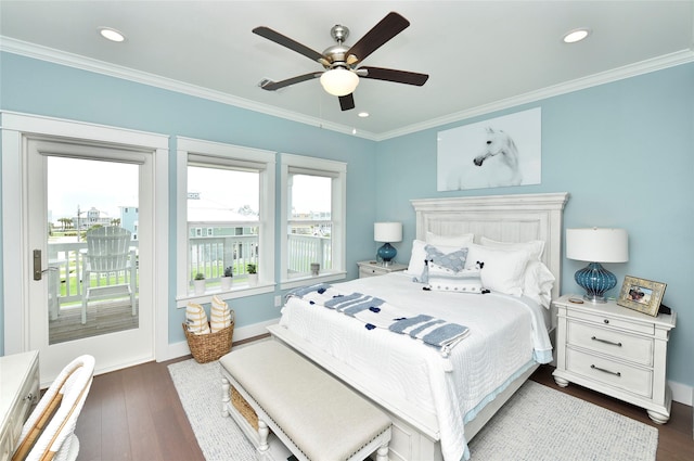 bedroom featuring dark wood-style floors, baseboards, recessed lighting, crown molding, and access to outside