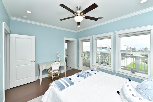 bedroom with visible vents, dark wood-type flooring, crown molding, baseboards, and access to exterior