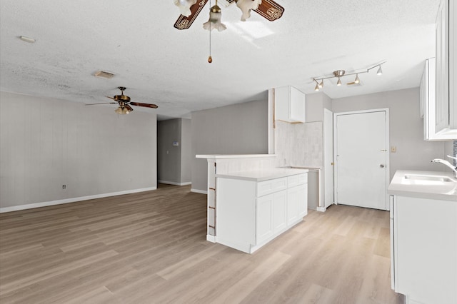 kitchen with light wood-style flooring, a ceiling fan, visible vents, and a sink