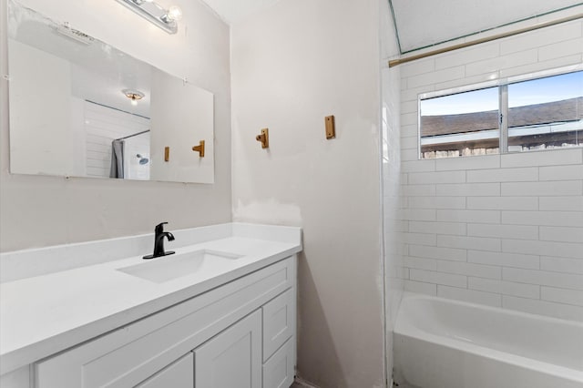 bathroom with vanity and shower / bath combination with curtain