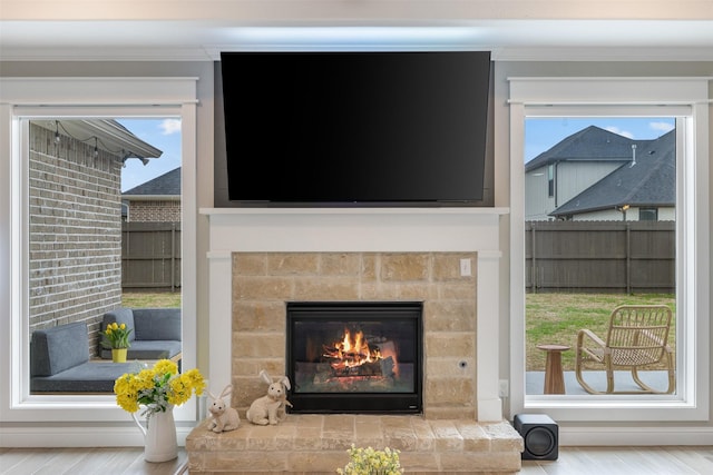 details featuring wood finished floors, a glass covered fireplace, and crown molding