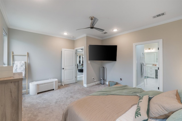 bedroom featuring light carpet, visible vents, crown molding, and baseboards