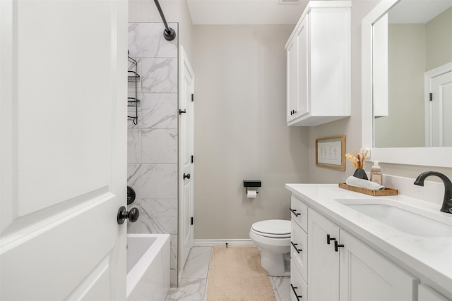 full bathroom featuring baseboards, toilet, bathing tub / shower combination, marble finish floor, and vanity