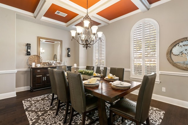 dining area with dark wood finished floors, plenty of natural light, and visible vents