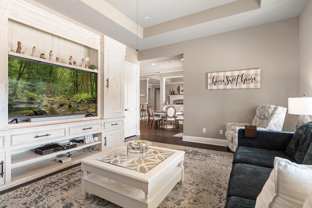 living room with a raised ceiling, built in features, wood finished floors, and baseboards