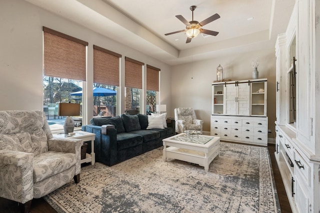 living area with ceiling fan, a raised ceiling, and wood finished floors