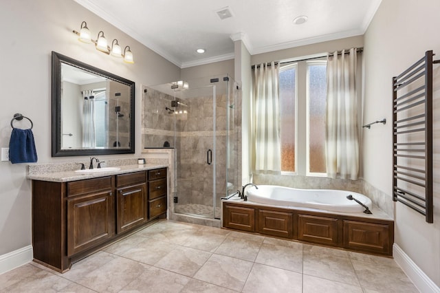 full bath featuring vanity, visible vents, radiator heating unit, a shower stall, and crown molding