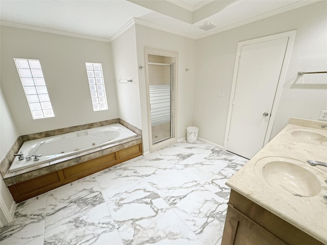 full bath with marble finish floor, a stall shower, crown molding, and a sink