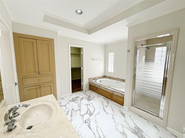 bathroom with a bath, marble finish floor, a stall shower, and crown molding