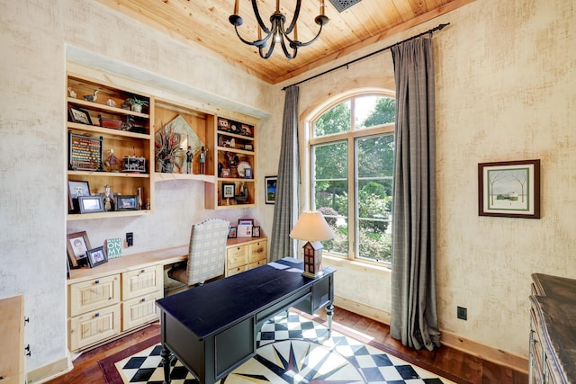 office space featuring built in shelves, dark wood-style floors, an inviting chandelier, wooden ceiling, and built in study area