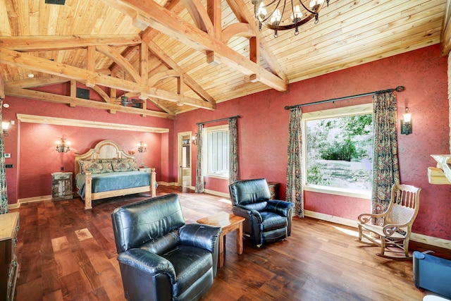 bedroom with an inviting chandelier, wooden ceiling, lofted ceiling with beams, and wood finished floors