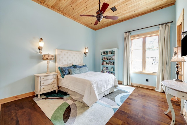 bedroom with ceiling fan, wooden ceiling, baseboards, and wood finished floors