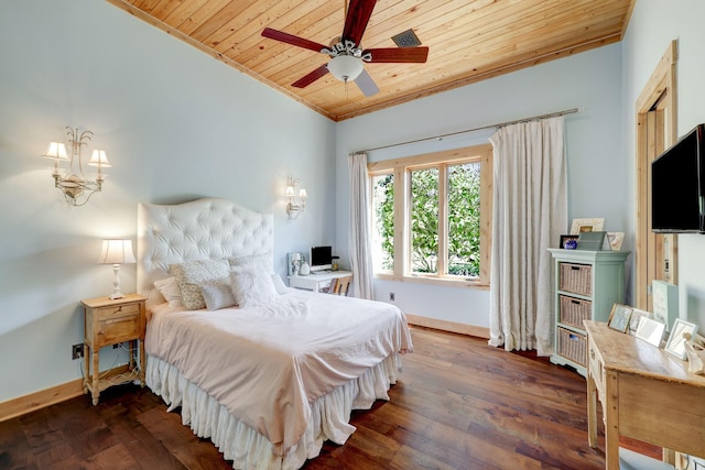 bedroom with baseboards, wood finished floors, and wooden ceiling