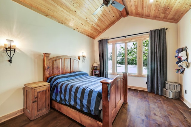 bedroom with wooden ceiling, vaulted ceiling with beams, baseboards, and dark wood-type flooring