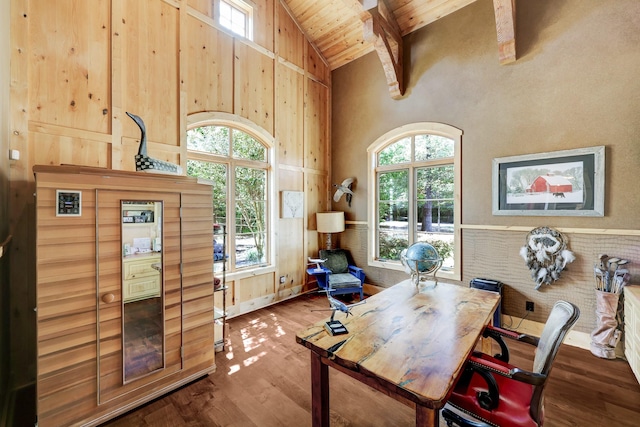 office space with beam ceiling, wooden ceiling, high vaulted ceiling, and wood finished floors