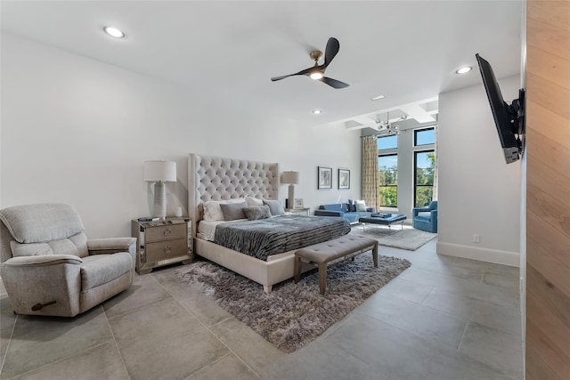 bedroom with recessed lighting, baseboards, and ceiling fan with notable chandelier