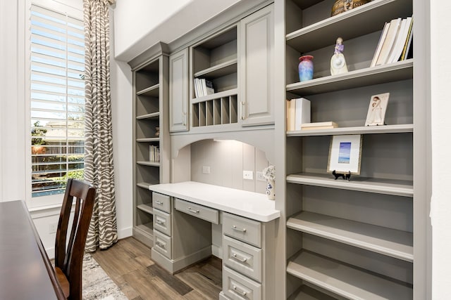 office featuring wood finished floors and built in desk