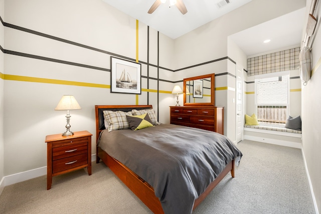 bedroom featuring visible vents, baseboards, a ceiling fan, and carpet flooring