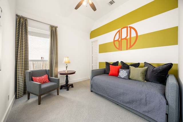 bedroom featuring baseboards, visible vents, ceiling fan, vaulted ceiling, and carpet flooring