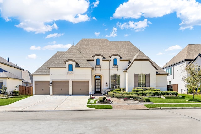 french country home featuring stucco siding, driveway, fence, roof with shingles, and a front yard