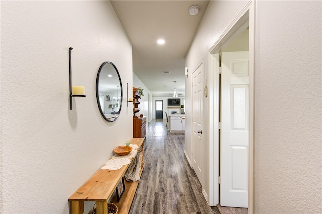 corridor featuring wood finished floors and a textured wall