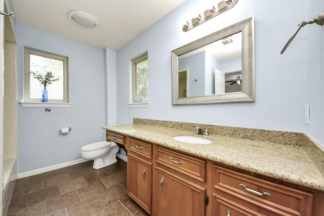 bathroom featuring vanity, a ceiling fan, baseboards, visible vents, and toilet