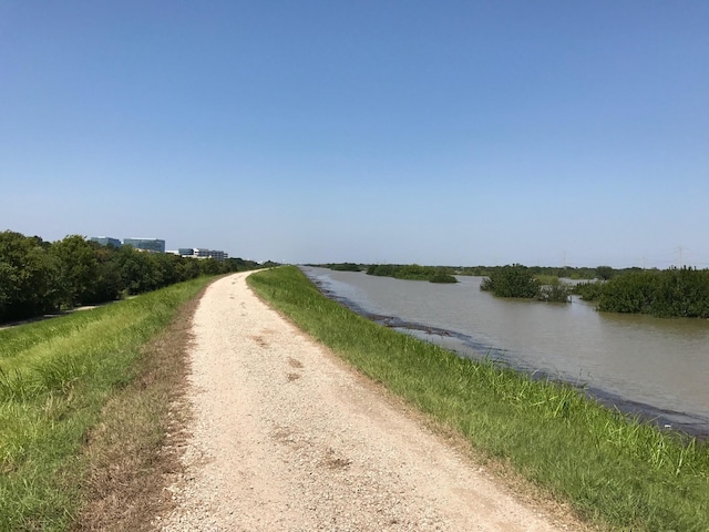 view of street with a water view