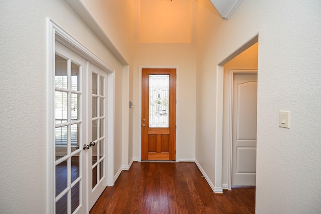 foyer with french doors, baseboards, dark wood-style flooring, and a wealth of natural light