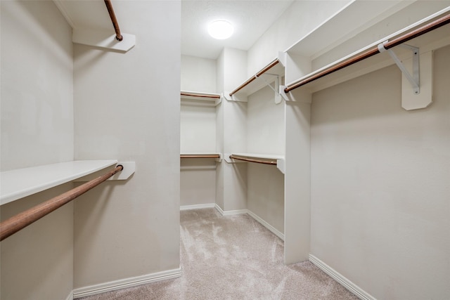 walk in closet featuring light carpet