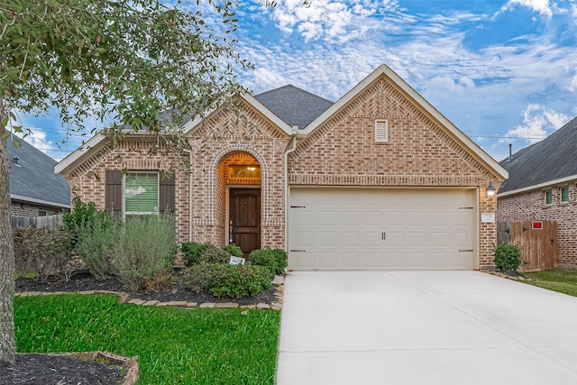 view of front of house featuring brick siding, driveway, an attached garage, and a shingled roof